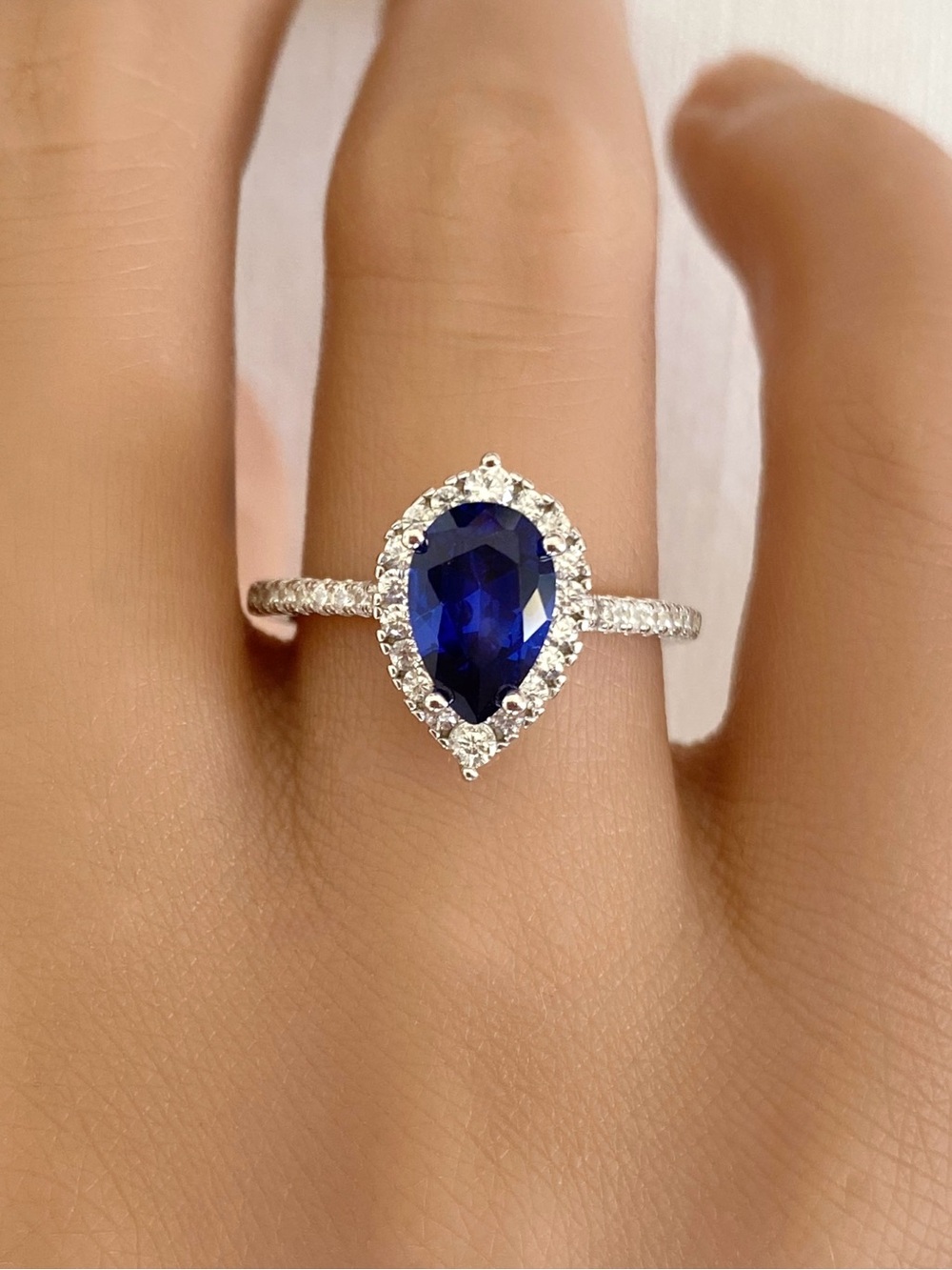 Pear Blue Sapphire Sterling Silver Round Halo CZ Pave Band Women’s Teardrop Ring
